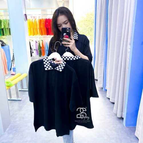 Cận cảnh Áo thun Lascote đen cổ caro giá sỉ chỉ 35.000đ