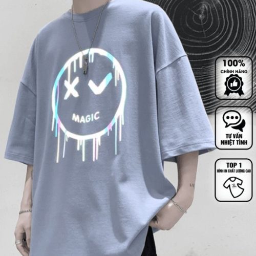 Mẫu áo thun magic phản quang màu xanh với thiết kế đơn giản