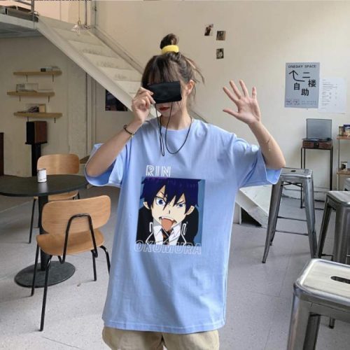 Mẫu áo thun anime Rin Okumura màu xanh nổi bật
