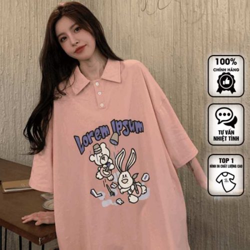 Mẫu áo polo oversize hình thỏ màu hồng cá tính