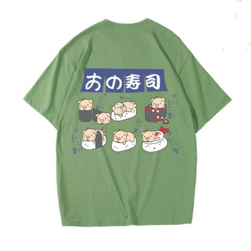 Mẫu áo thun in hình cơm cuộn màu xanh rêu