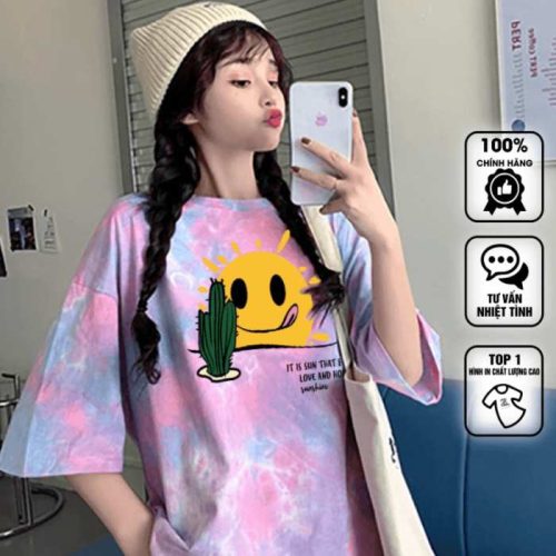 Mẫu áo thun hình mặt trời và xương rồng màu loang độc đáo