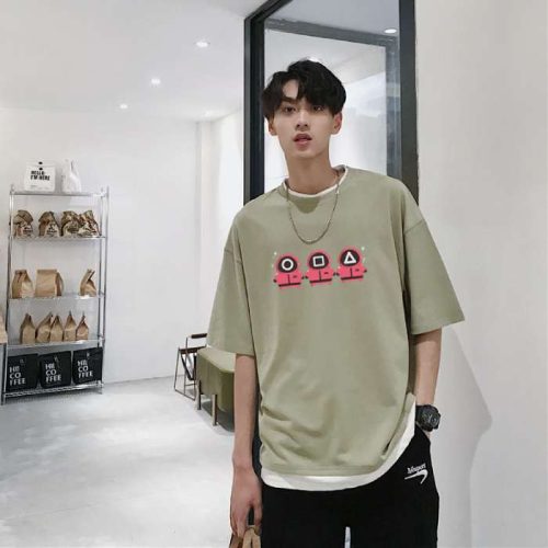 Mẫu áo thun in hình Squid Game màu xanh rêu