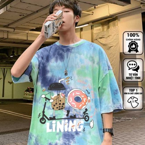 Mẫu áo thun unisex hình bánh donut gam màu loang xanh độc đáo