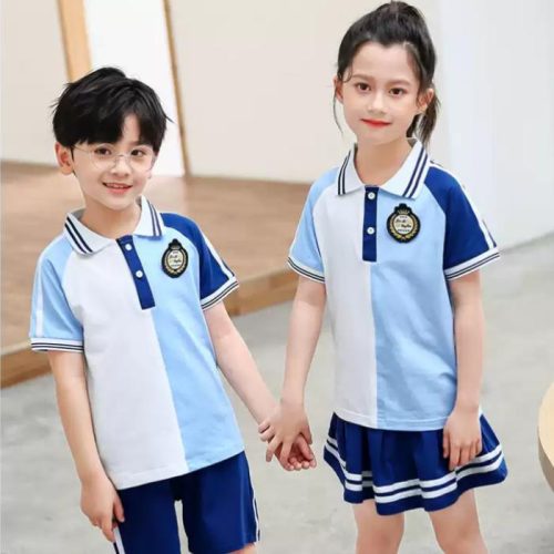 Mẫu áo đồng phục học sinh cấp 1 màu xanh phối trắng
