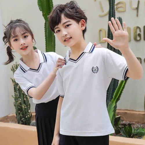 Mẫu áo đồng phục học sinh tiểu học màu trắng cổ tim đẹp