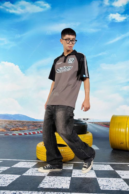 Mẫu Áo Lớp Polo Oversize Tay Raglan Màu Xám Đen - Hình 6