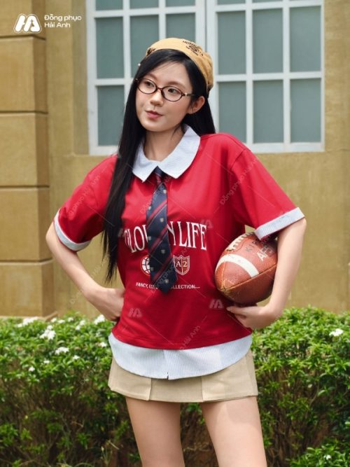 Mẫu áo đồng phục lớp polo oversize Fancy màu đỏ đô - Hình 3