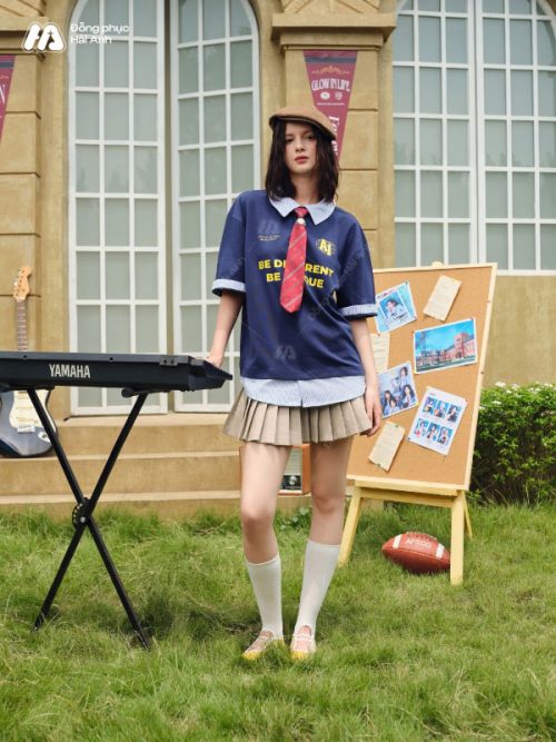 Mẫu áo đồng phục lớp polo oversize Fancy màu xanh đen- Hình 2