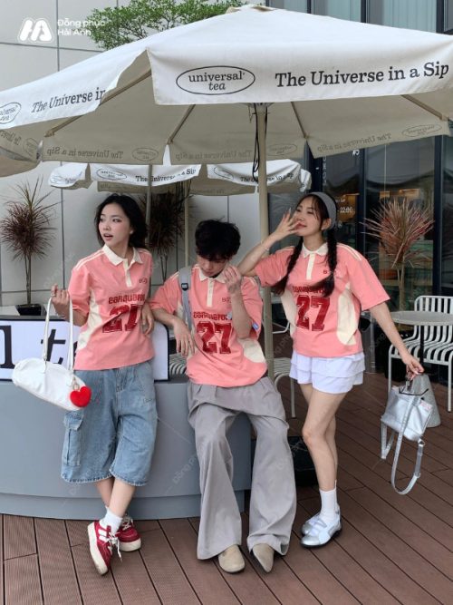 Mẫu áo lớp polo oversize Game On màu lòng tôm đẹp, hiện đại