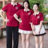 Mẫu áo đồng phục lớp polo oversize Besties màu đỏ đô thiết kế hiện đại, năng động