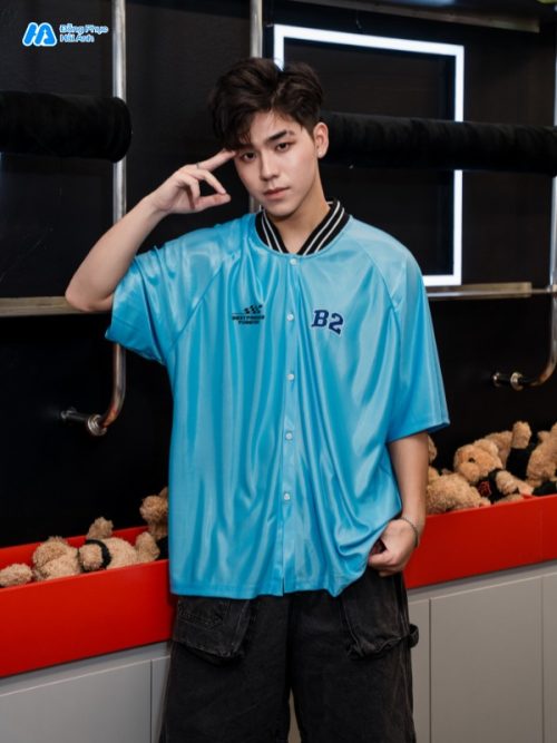 Áo đồng phục lớp sơ mi oversize Flexin màu xanh da trời trẻ trung, hiện đại
